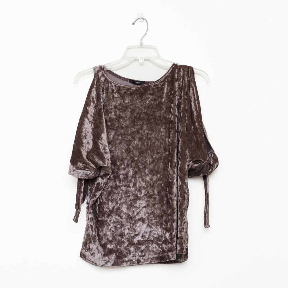Tart Crushed‎ Velour Blouse Size Medium Bronze Color Tie Sleeves Cold Shoulder